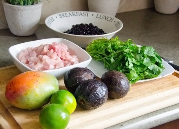 Raw chicken, cilantro, mango, lime, avocado, black beans.