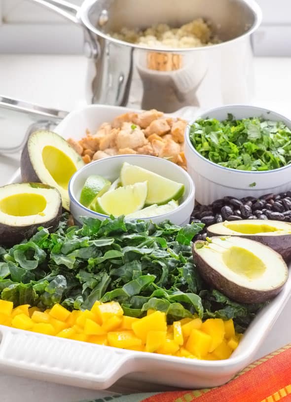 Tray with mango, kale, black beans, avocado, cilantro, lime and chicken. Quinoa in a pot.