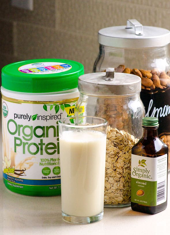 Protein powder, almond milk, oats, almonds, almond extract.