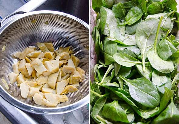 artichokes in strainer; spinach