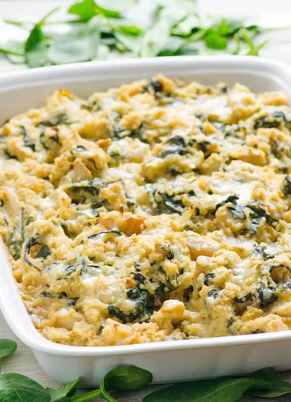 Spinach Artichoke Quinoa Casserole in casserole dish.