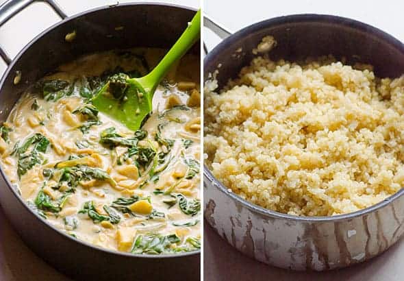 Spinach Artichoke Quinoa Casserole ingredients in skillet; pot of quinoa cooked