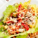 Canned salmon salad in lettuce cups on a plate.