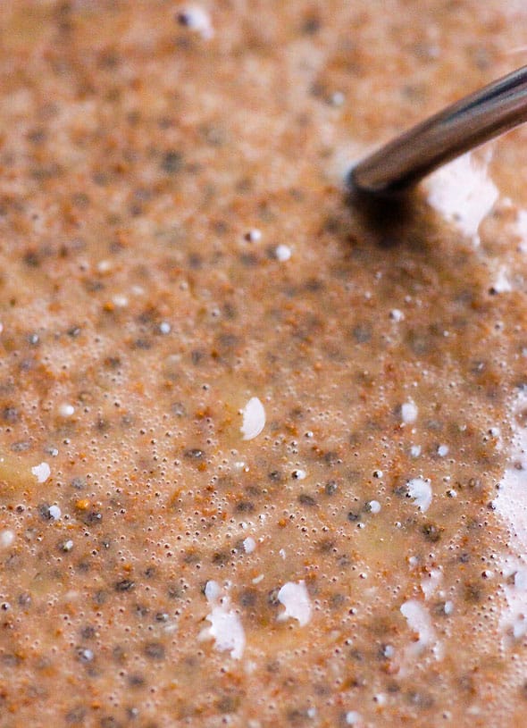 Close-up of Banana Chia Pudding ingredients mixed together