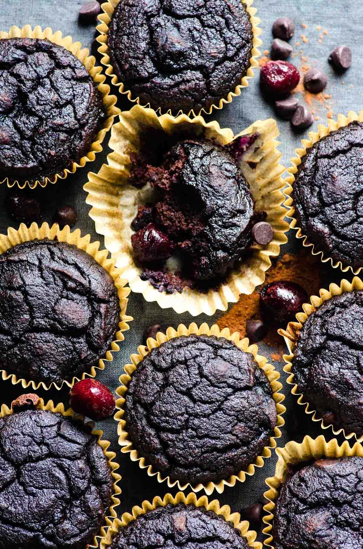 Double chocolate coconut flour muffins with cherries and chocolate chips.