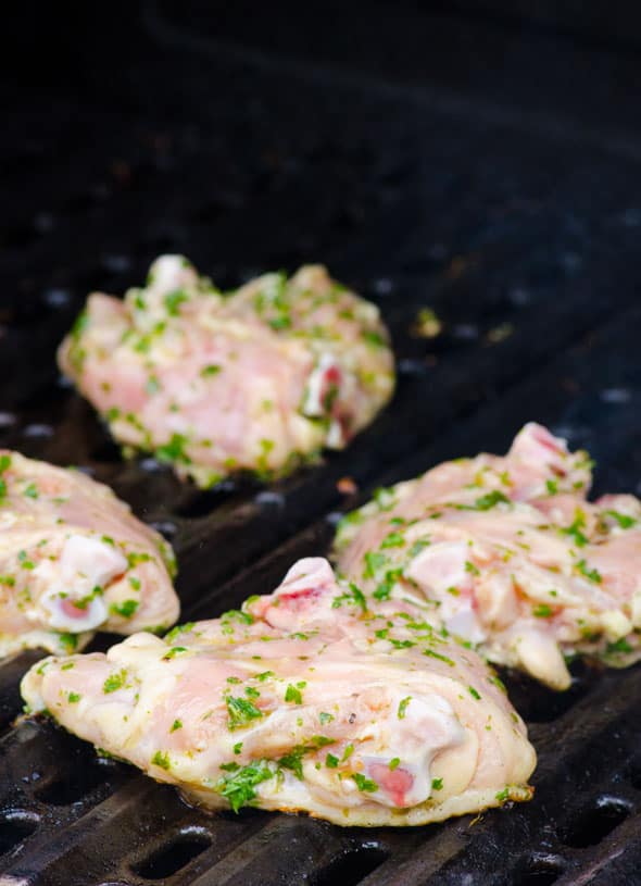 Chicken on grill with chimichurri marinade. 