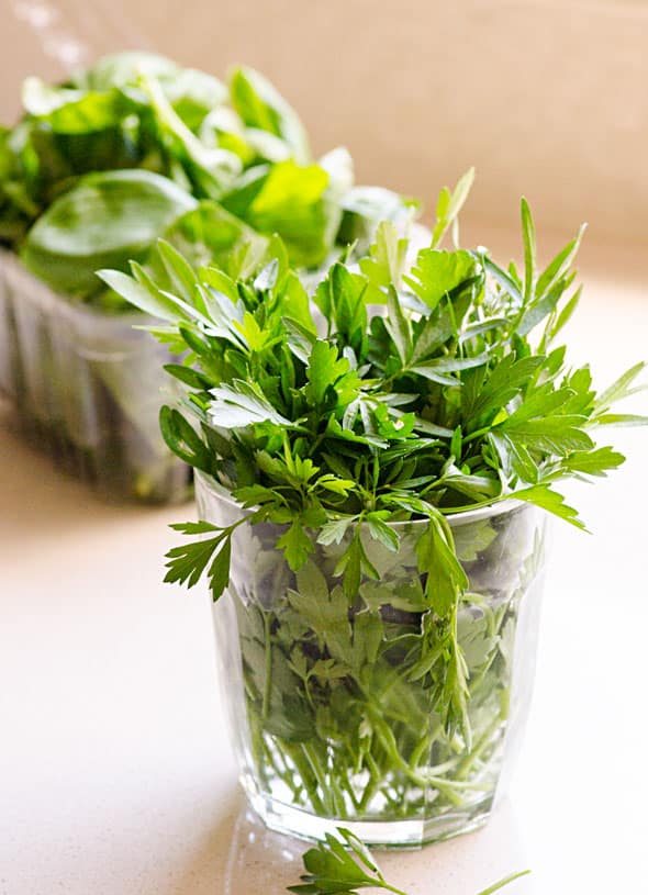Parsley in a small cup for storage.