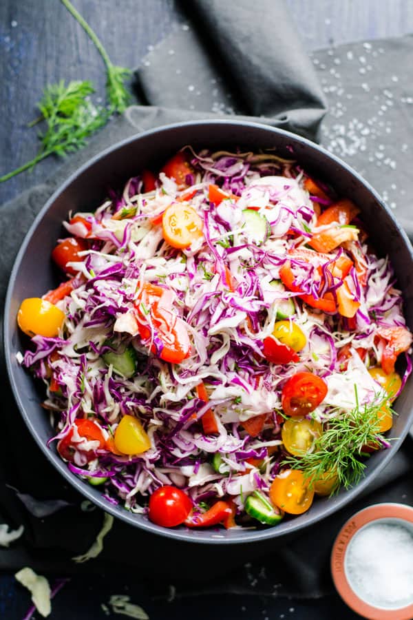 Ukrainian Dill Coleslaw Recipe with cucumbers, tomatoes, bell peppers, dill and vinegar like my mom makes healthy and easy, everyone will love. | ifoodreal.com