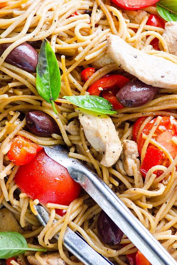 Chicken and Whole Wheat Spaghetti  with basil and olives