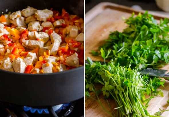 Chicken and vegetables cooking in skillet; chopped parsley