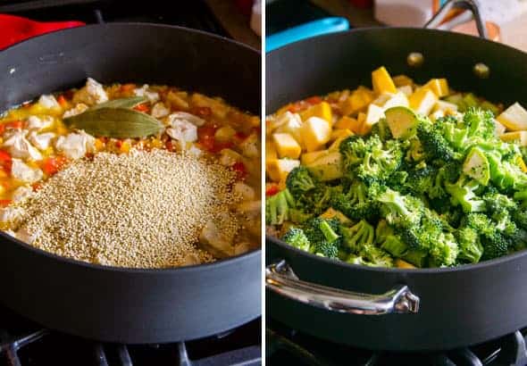 Quinoa added to skillet; Broccoli & zucchini added to skillet