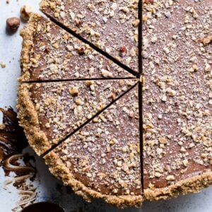 Sliced healthy no bake nutella pie.