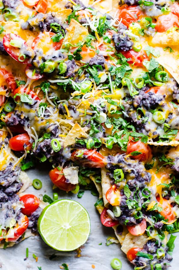 Black Bean Nachos with a slice of lime