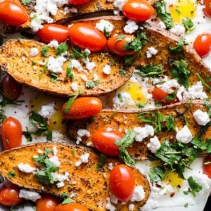 Sweet potato and eggs with grape tomatoes, crumbled feta cheese and grape tomatoes.