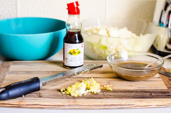 Grated garlic, sesame oil and bowls of ingredients