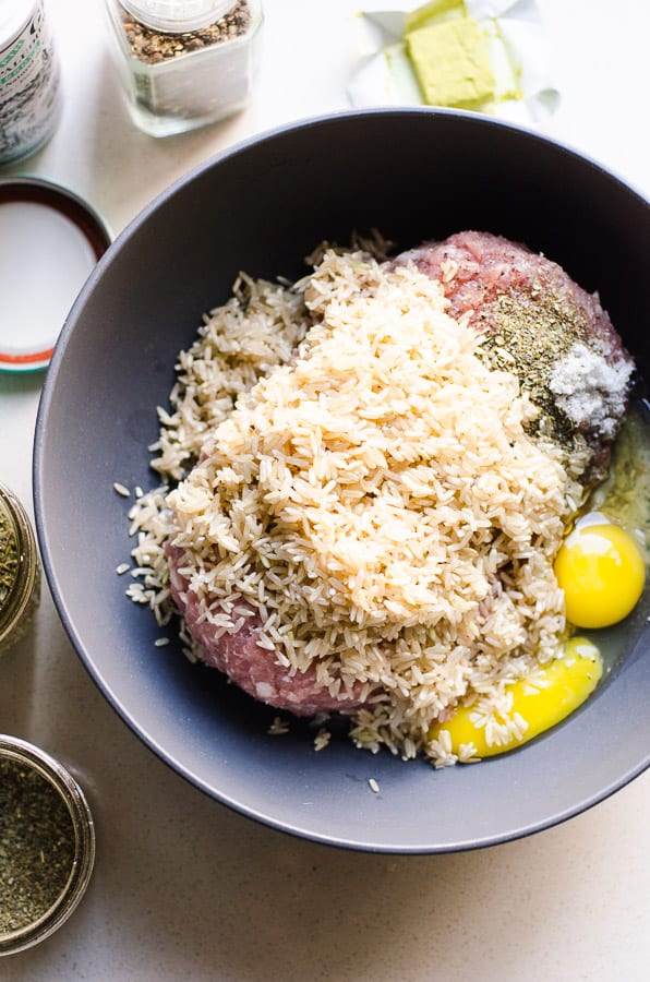 ground meat, eggs and rice in gray bowl