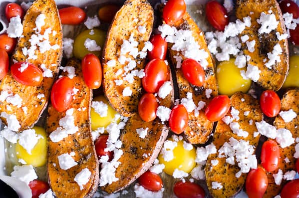 Sweet potato and eggs sheet pan dinner. 