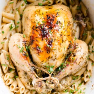 Slow cooker whole chicken sitting on top of pasta garnished with parsley.