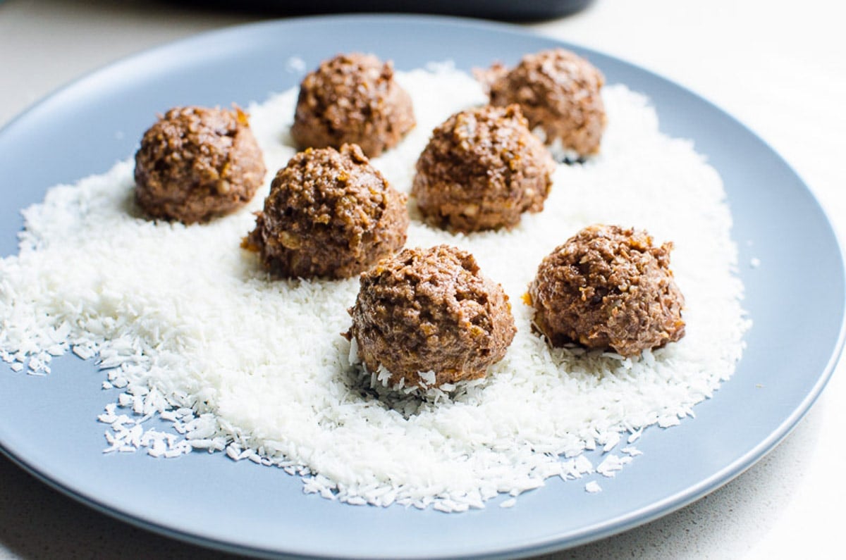 Protein balls rolled in coconut flakes on plate.