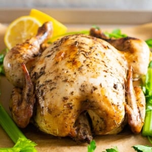 Slow cooker whole chicken with vegetables on a tray.