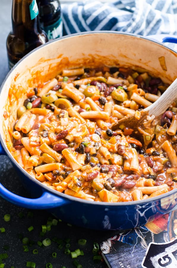 Chili mac in large blue serving dish.