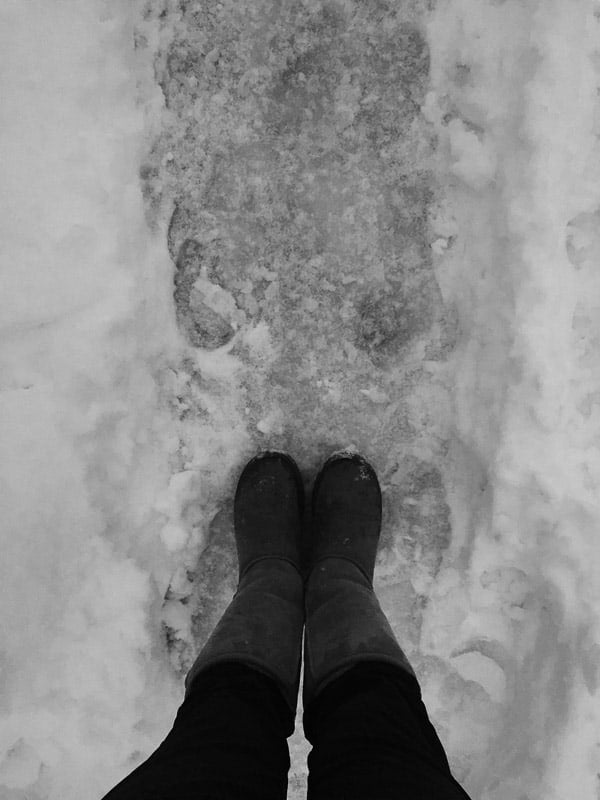 Snowtracks and boots on snow. 