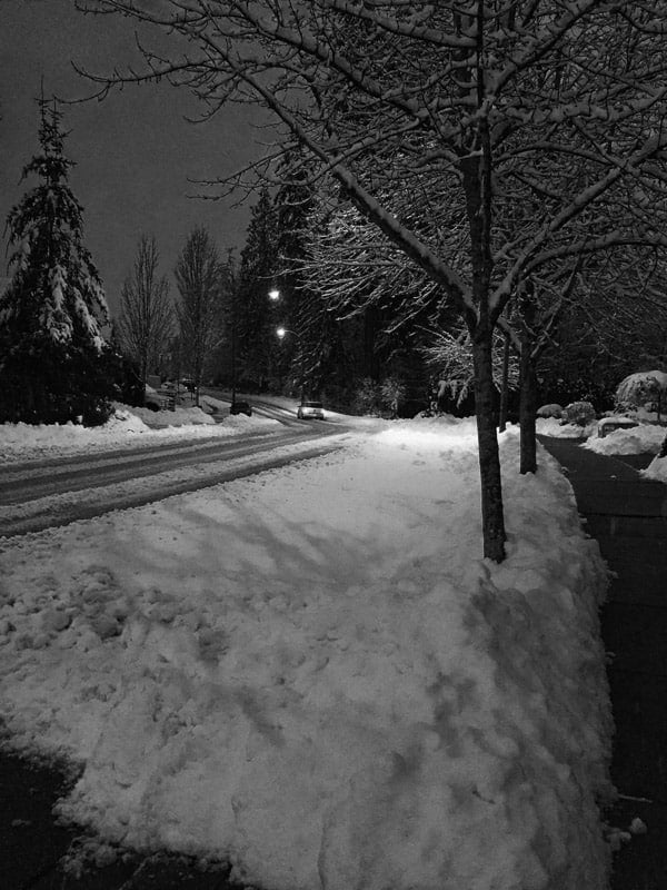 A path with trees on the side of a snow covered street.