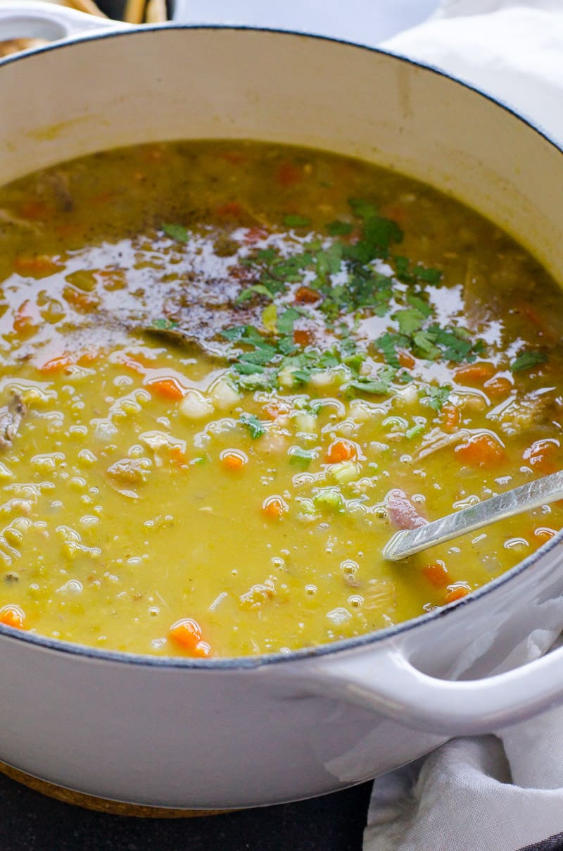 a pot of green pea soup