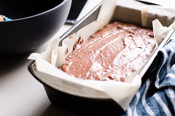 Healthy Chocolate Bread batter in loaf pan