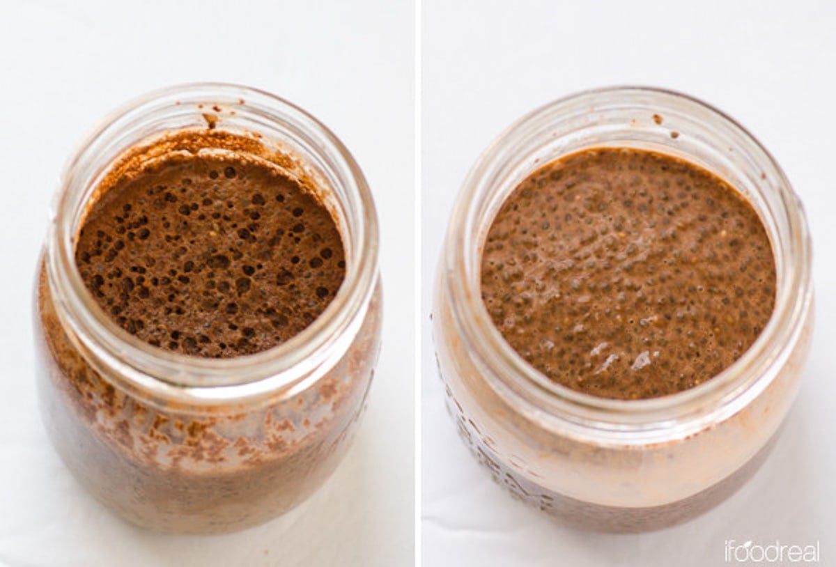 Comparison of two jars of chocolate chia pudding after sitting overnight and whisked.