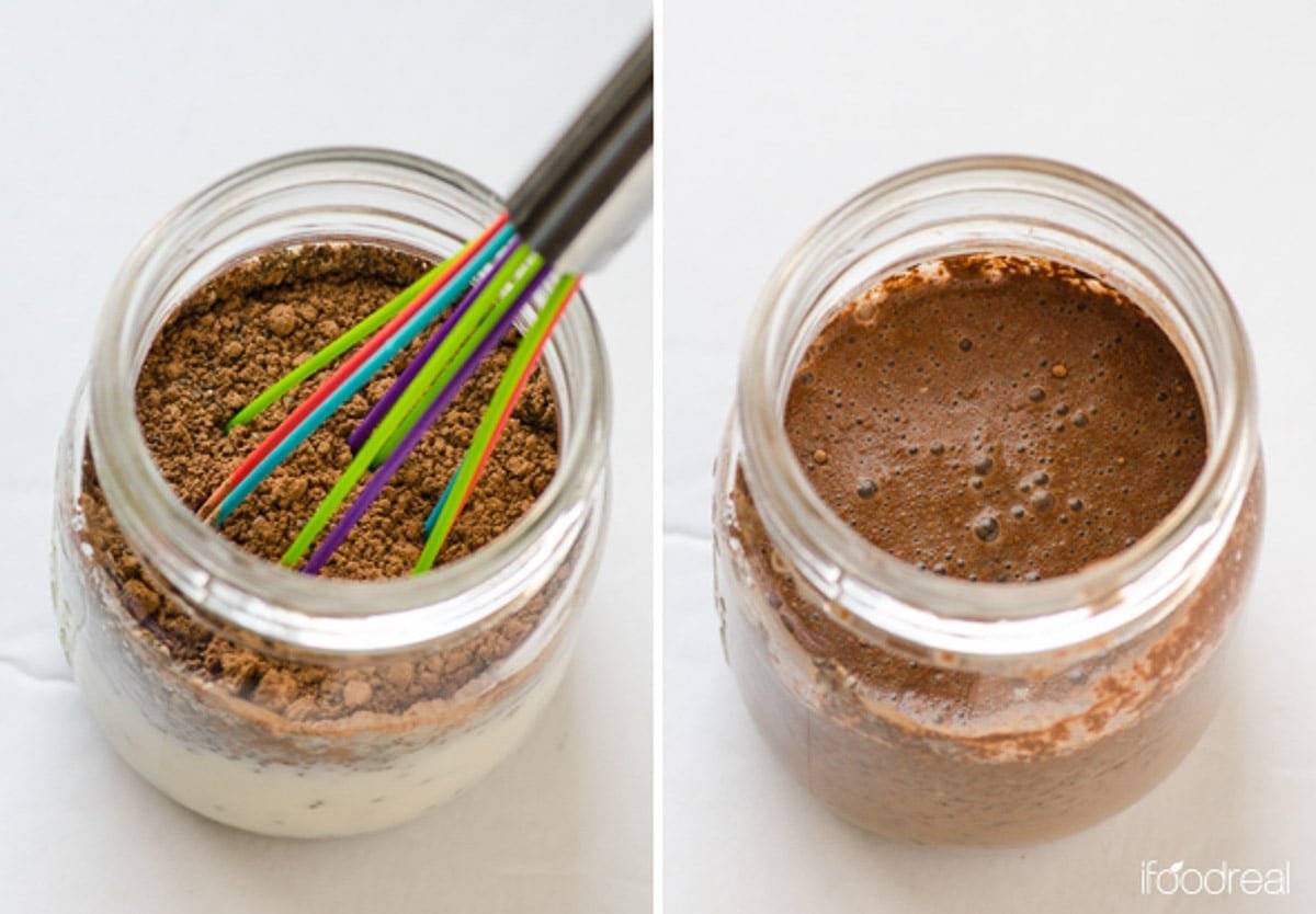 Milk, chia seeds, cacao powder in jar with whisk. Jar with mixed ingredients.