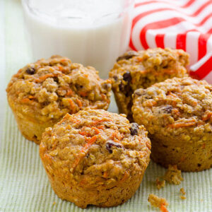 Healthy carrot muffins with a glass of milk.