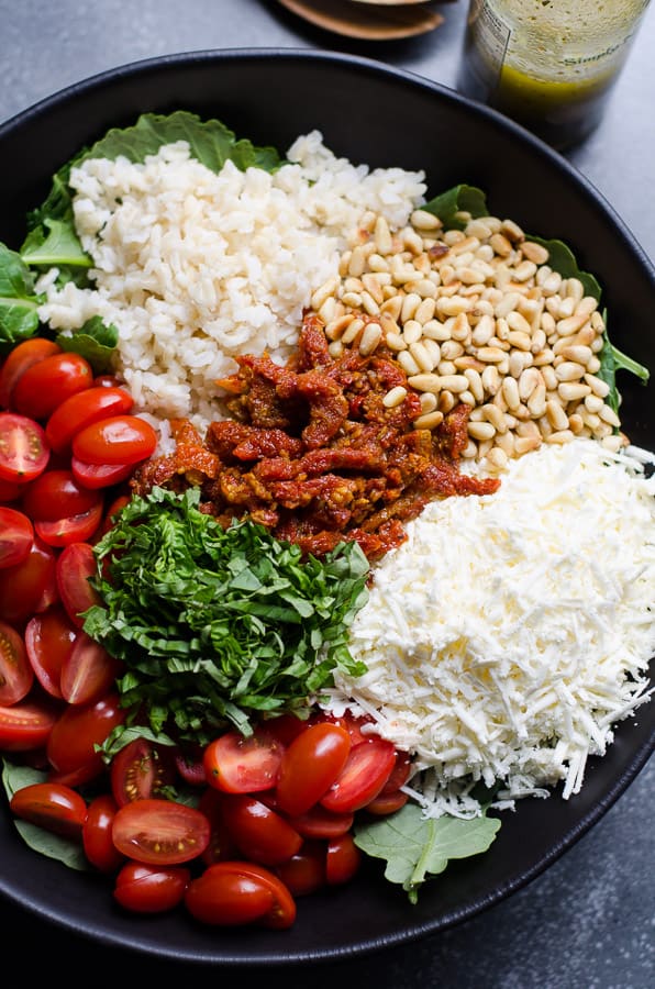 ingredients for Baby Kale Salad unmixed in bowl