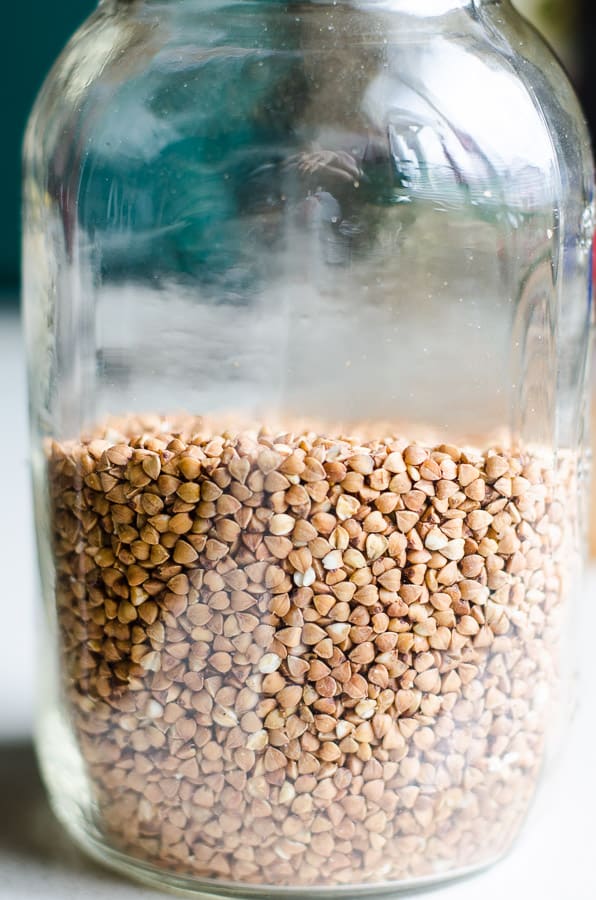 Roasted buckwheat in a glass jar.