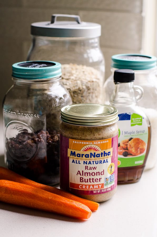 Raw almond butter, carrots, oats, coconut flakes, raisins and maple syrup