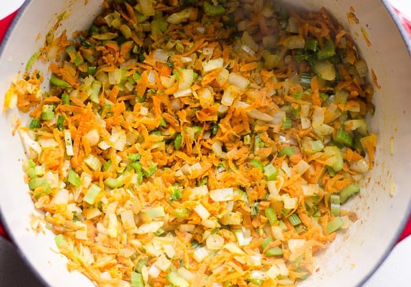Sauteed onion, celery and carrots in a large pot.