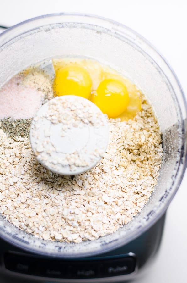 Oatmeal, salt, seasoning and eggs in food processor.