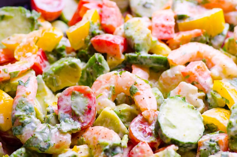 Shrimp avocado salad, cucumbers, tomato, bell peppers and seasonings.