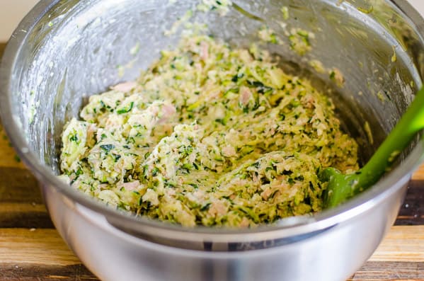 Tuna Zucchini Fritter ingredients mixed in a bowl