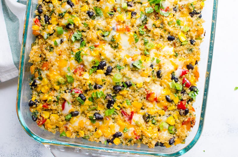 black bean quinoa casserole in glass dish