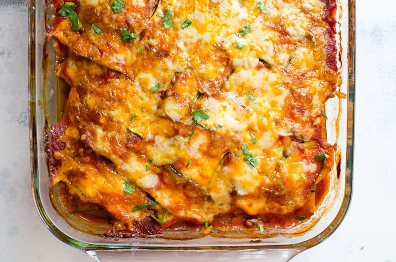 Chicken zucchini casserole in a glass baking dish.