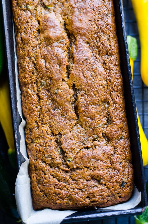 Baked healthy zucchini bread in a loaf pan.