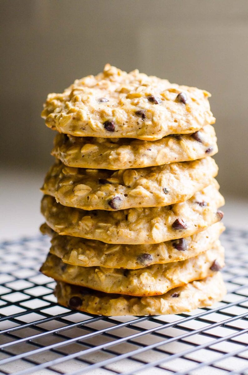 protein cookies stacked on wire cooling rack