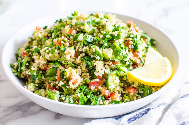 Perfectly cooked quinoa in tabbouleh salad.