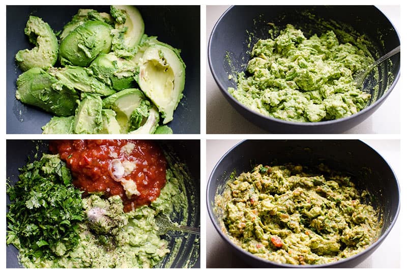 Step by step process how to make salsa guacamole.