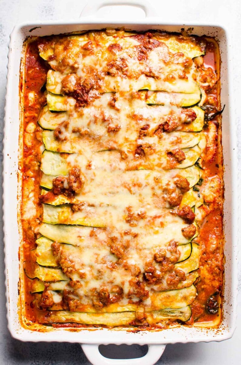 Zucchini lasagna in baking dish.