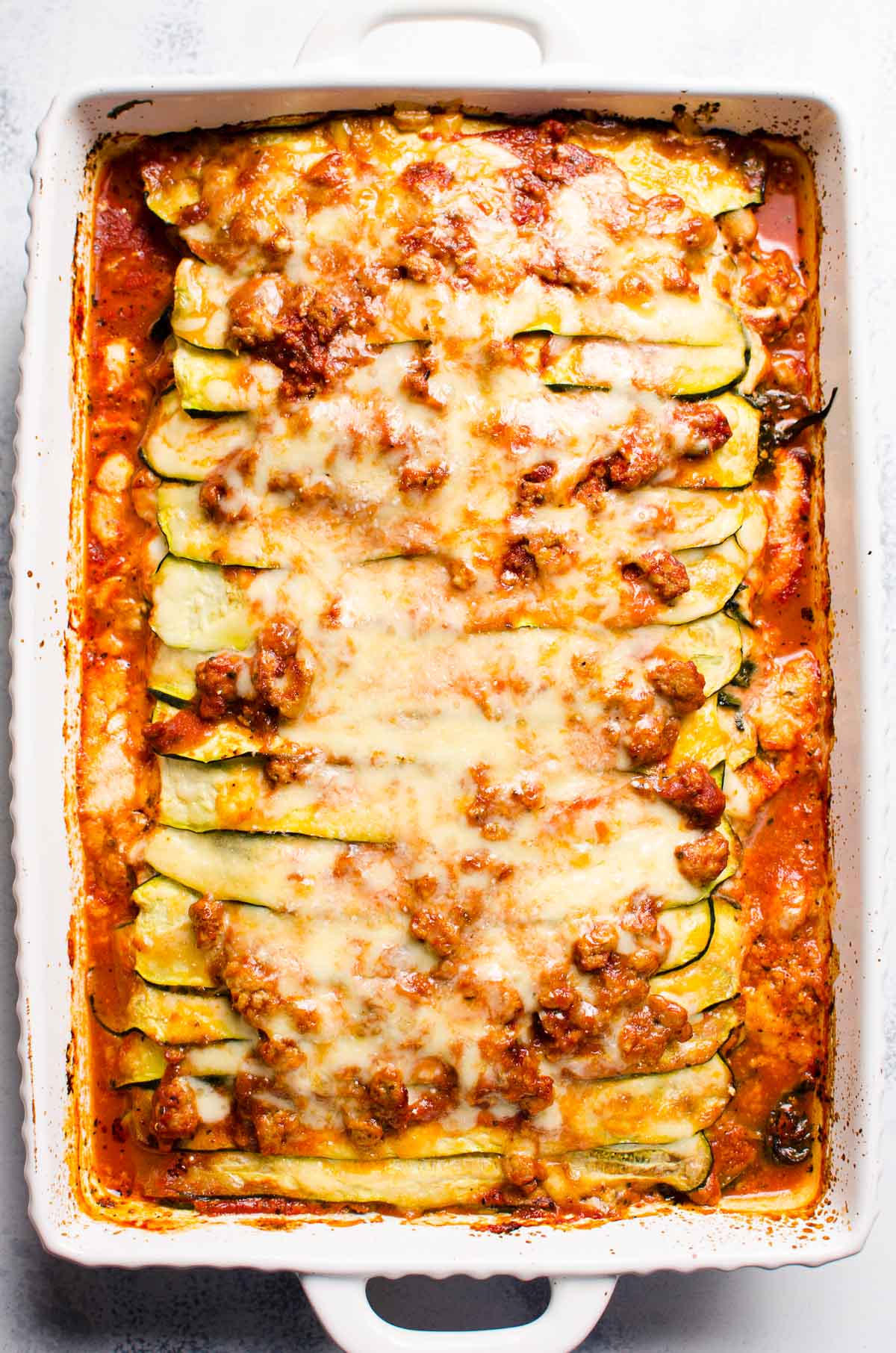 Healthy zucchini lasagna in a baking dish.