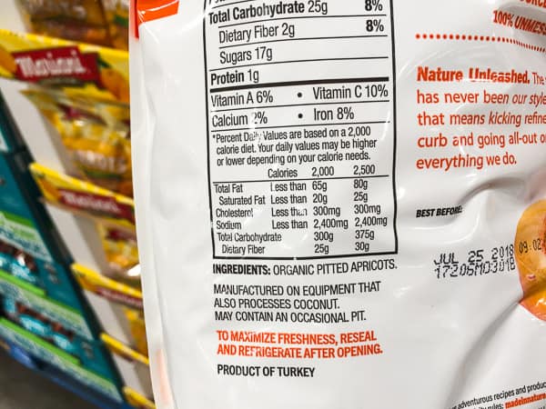 Dried apricots nutrition label