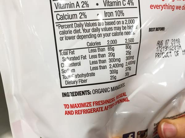 dried mango nutrition label