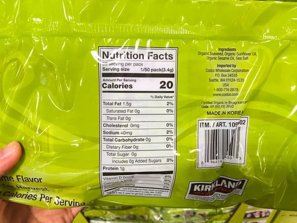 Roasted Seaweed nutritional label